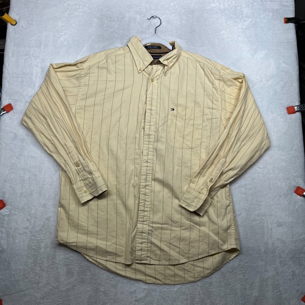 Tommy Hilfiger Button Down Long Sleeve Shirt Mens Tan Striped‎ Classic - Large